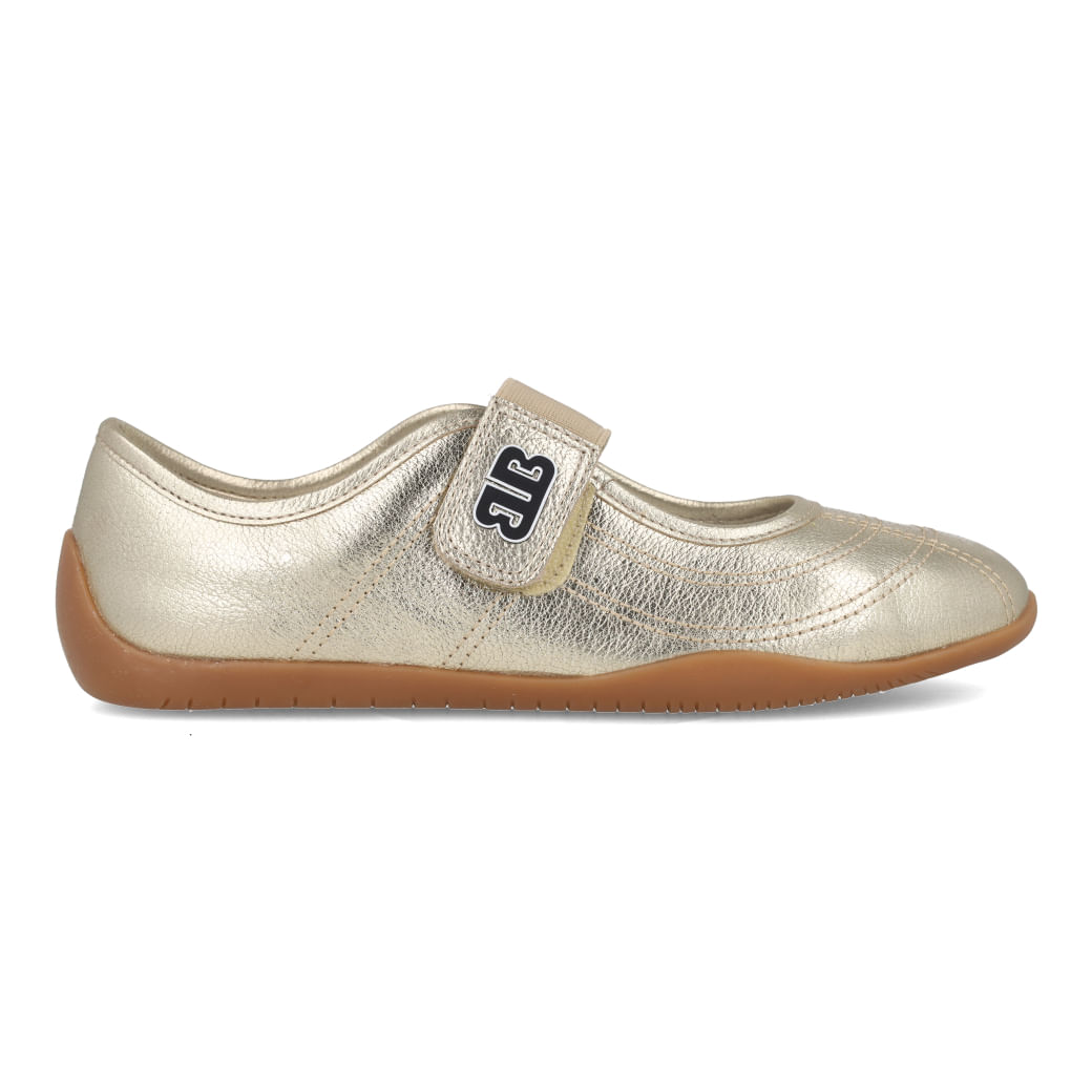 Tênis feminino casual Bottero em couro dourado metalizado vista lateral esquerda com solado caramelo